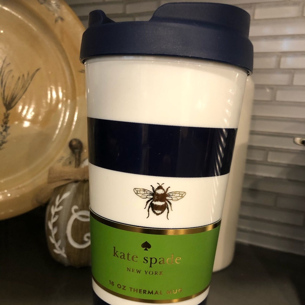 New Kate Spade Bee Navy Stripe Thermal Mug Cup